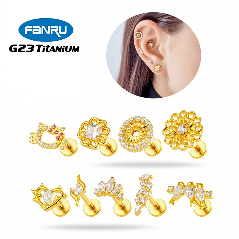 1PC G23 Titanium Flower CZ Helix Conch Cartilage Earring Internally Threaded Flat Back Tragus Stud Nose Labret Piercing Jewelry