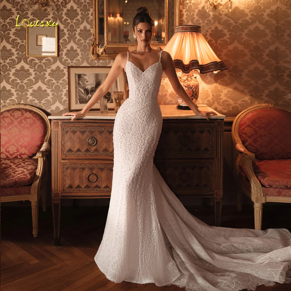 

Loverxu Русалка Сексуальные свадебные платья на тонких бретельках с жакетом Vestido De Novia Кружева с бисером и блестками Свадебные платья на заказ