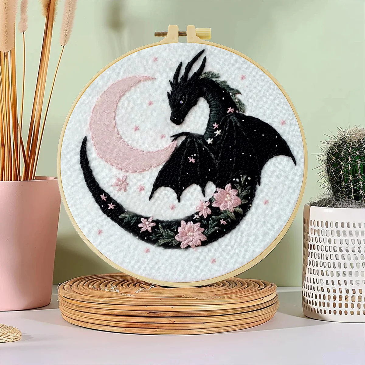 1pc 20X20CM/7.87inch The Dragon and the Moon Embroidery Starter Kit DIY Kit Set for Beginner Craft Painting Sewing Art