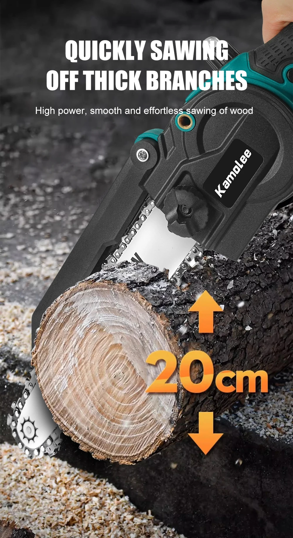 Kamolee 6 Zoll + 8 Zoll Mini bürstenlose elektrische Säge wiederaufladbare Kettensäge Holzschneider Beschneiden Garten Elektrowerkzeuge – Detail 4