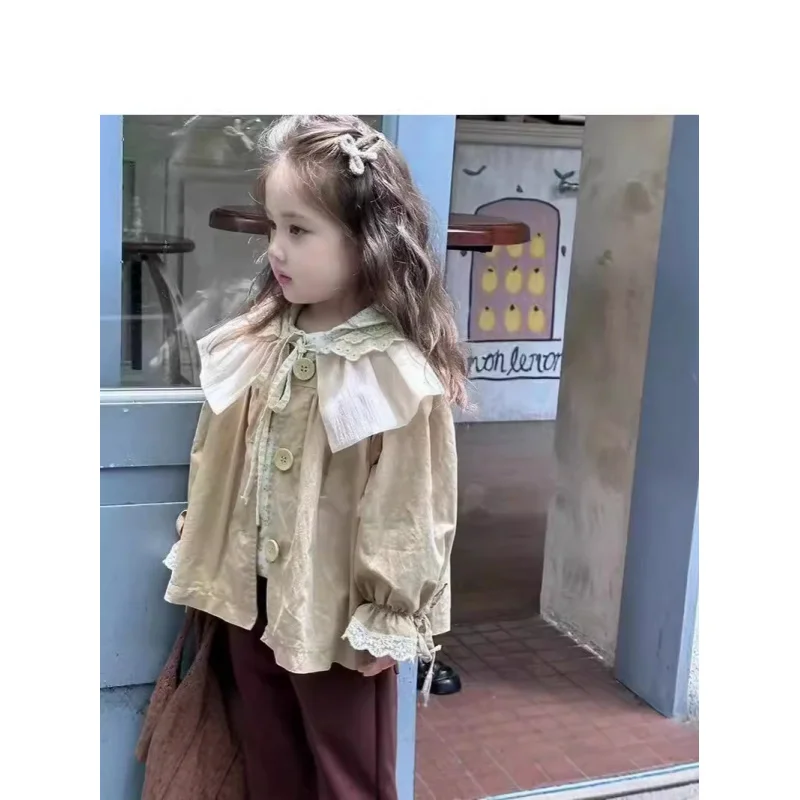 

Korean Children's Clothing24Autumn New Western Style Children's Clothes Girls' Lace Doll Collar Khaki Trench Coat