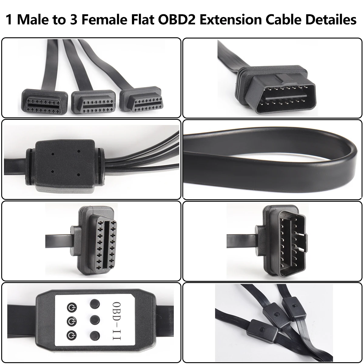 3 IN 1 Flat+Thin Cable 8Pin 16Pin OBD2 Extender ELM327 Male To Dual Female Y Splitter Cable 8Pin Elbow OBDII Extension Connector