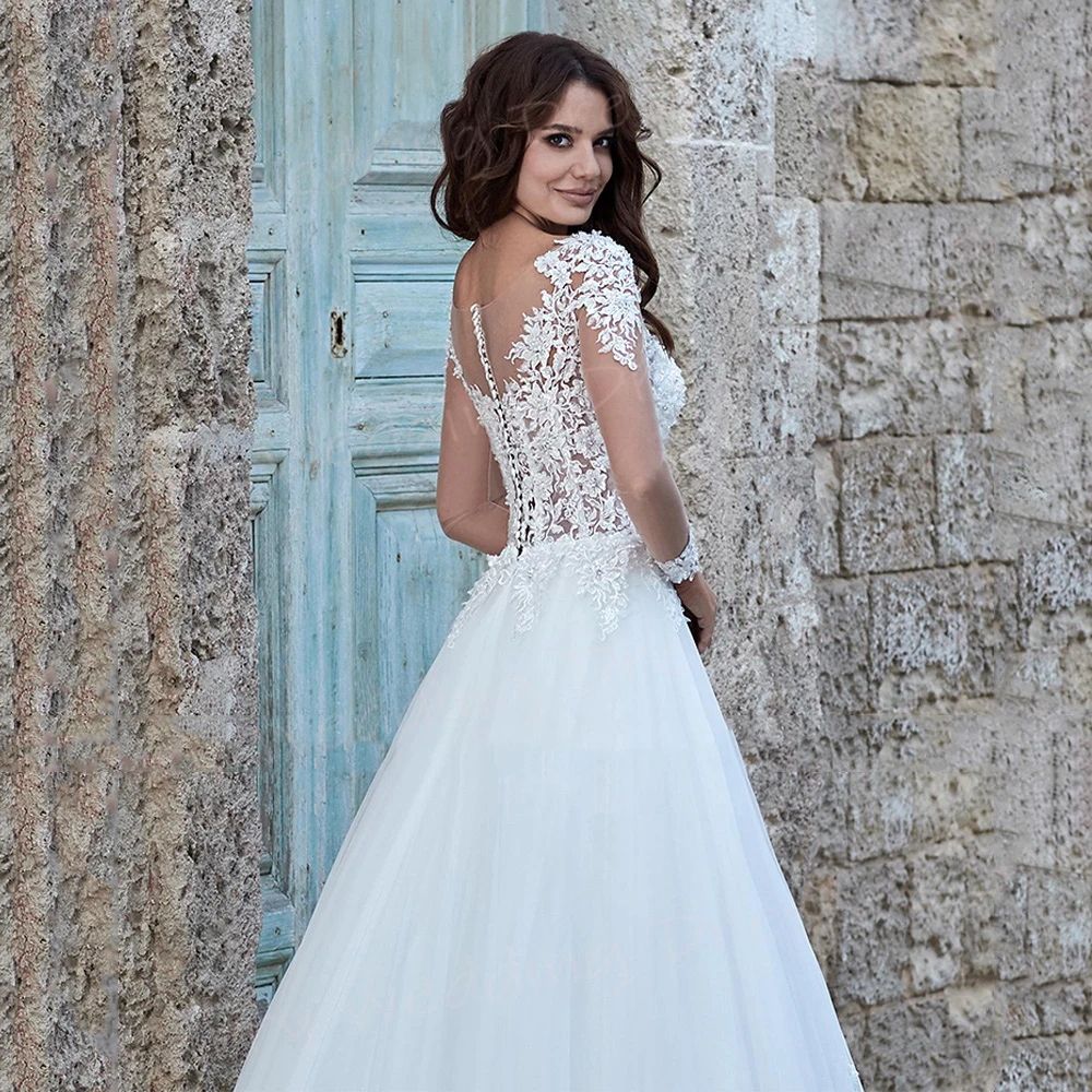 Vestidos de casamento requintados para mulheres, vestidos de noiva sexy, manga longa clássica, apliques de botão, vestidos encantadores