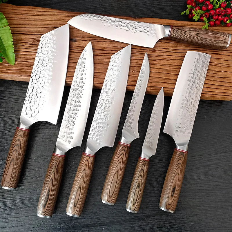 High Carbon Steel Chef Knives Set 1-7pcs Forged Butcher Meat Cleaver Bone Chopping Japanes Santoku Knife