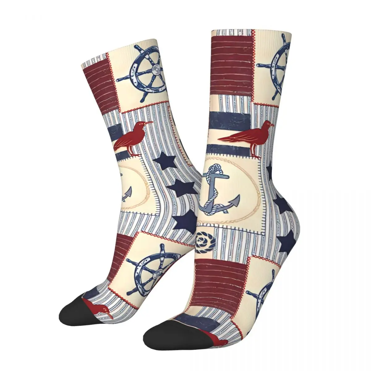 

Funny Crazy Sock for Men Quilting Fabrics Patterns Vintage Nautical Art Breathable Pattern Printed Crew Sock Novelty Gift