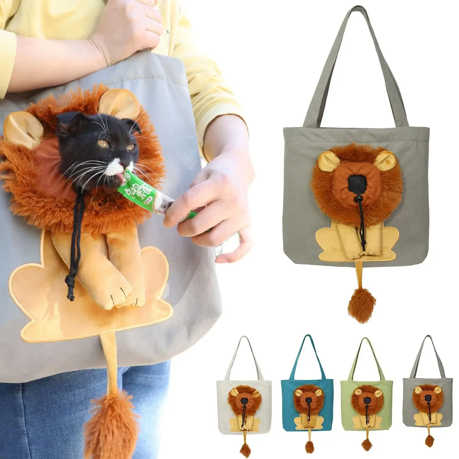 2024 New Cute Lion-Shaped Pet Canvas Shoulder Bag Cat Carrier, Portable Cats Small Tote Chest Bag, Carrier for Dogs and Supplies