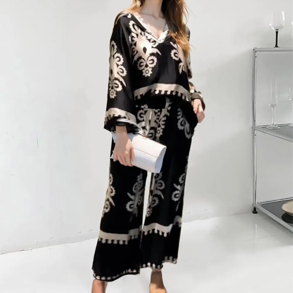 Retro Print Irregular Women Two-piece Suit Long Sleeve Shirt Top Wide Leg High Waist Trousers Set Loose V Neck Blouse Pants Set