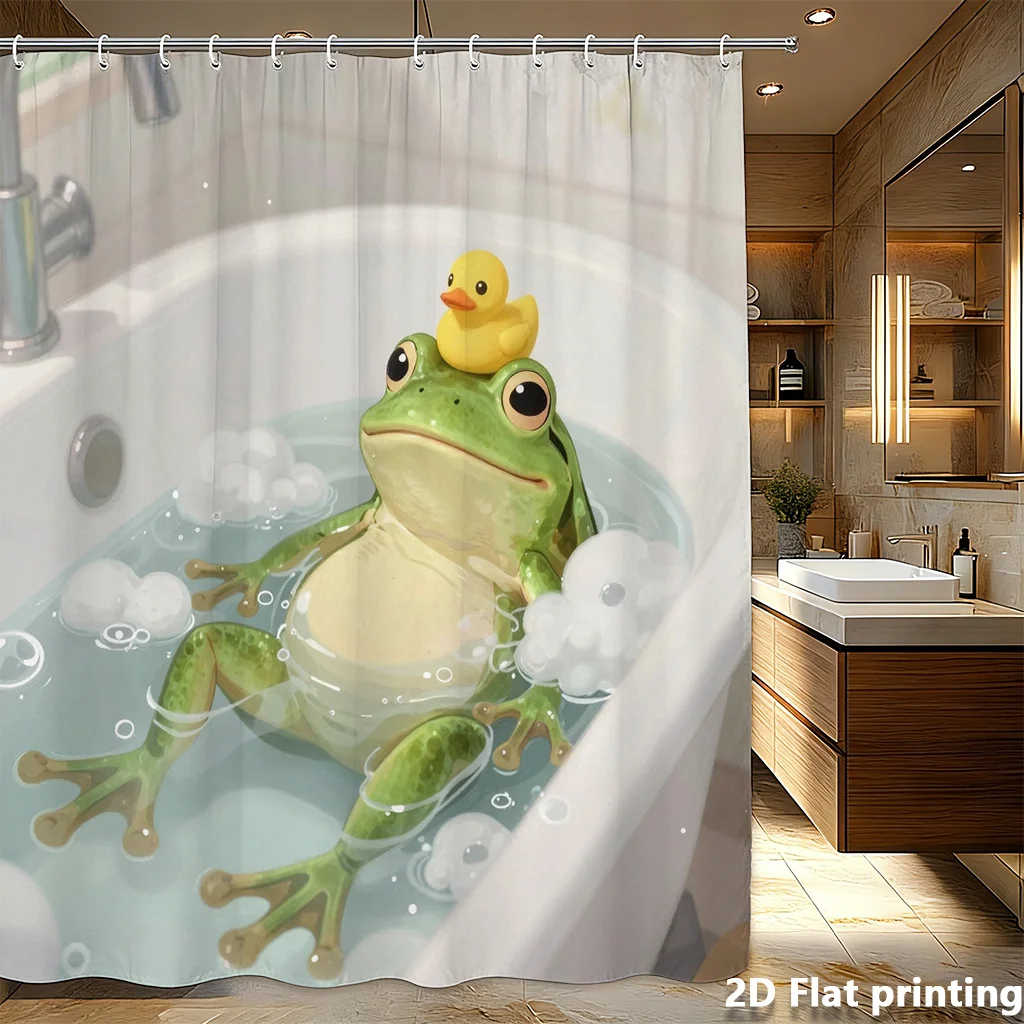 Funny Cartoon Frog and Duck Shower Curtain Waterproof Bathroom Liner Kids Novelty Pond Animal Print Home Decor Accessory