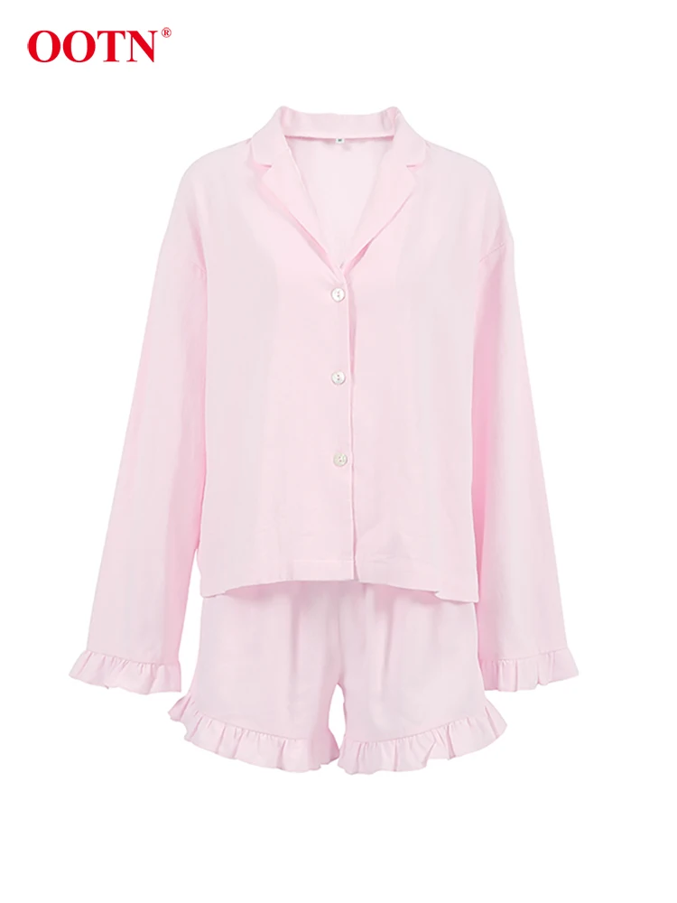 OOTN Casual Pink Shorts Suits Women 2024 Sexy Ruffles Button Up Shirts Elastic Waist Shorts Two Piece Sets Spring Basics Outfits