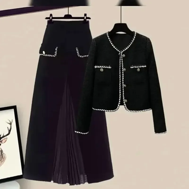 New French Velvet Patchwork Women\'s Skirt Elegant High Waist Slim A-Line Pleated Office Lady Midi Skirt Autumn Winter Clothing