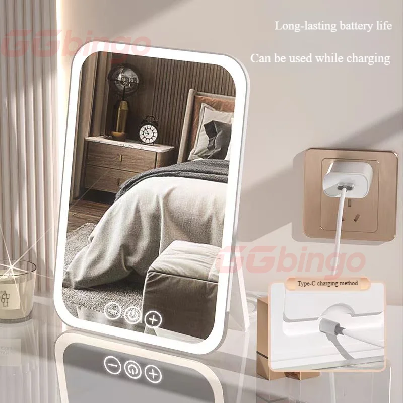 

Светодиодное зеркало для макияжа с регулируемой яркостью, 3 цвета, режимы освещения, регулировка яркости, складное зеркало с зарядкой через USB, настольное косметическое зеркало для путешествий домой