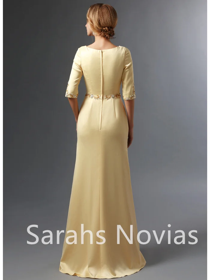 Yellow Satin Sheath Modest Mother Of The Bride Groom Dress For Wedding Square Half Sleeves Beading Women Wed Party Dresses