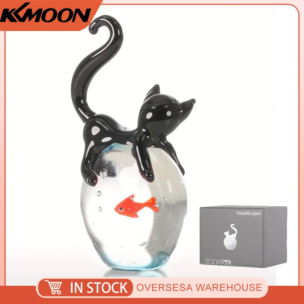 Tooarts Cat And Goldfish Gift Glass, Ornament Animal Figurine Handblown, Home Decor Black & Red