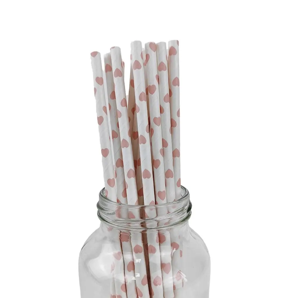 100pcs 3 Colors Disposable Paper Straw Heart Print Multipurpose Beverage Straw Environment Protection Paper Pipette