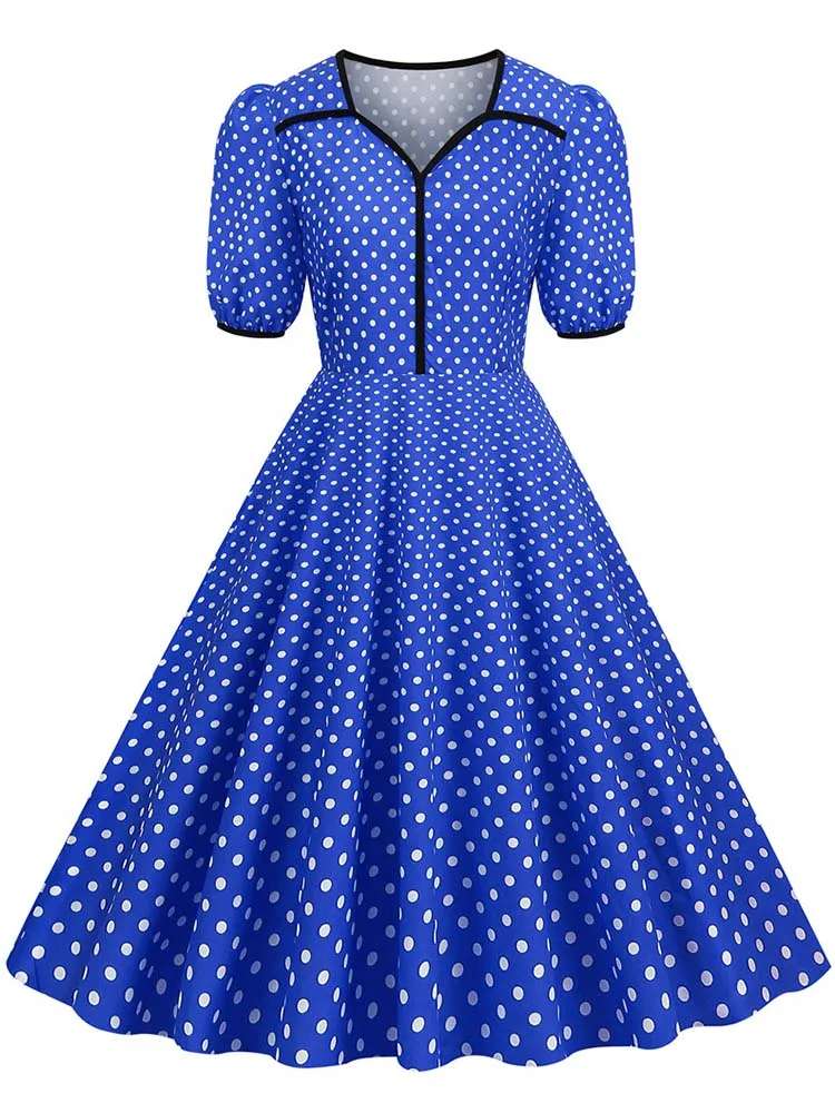 Vestido veraniego Retro con estampado de lunares para mujer, vestido veraniego elegante de manga corta con cuello en V