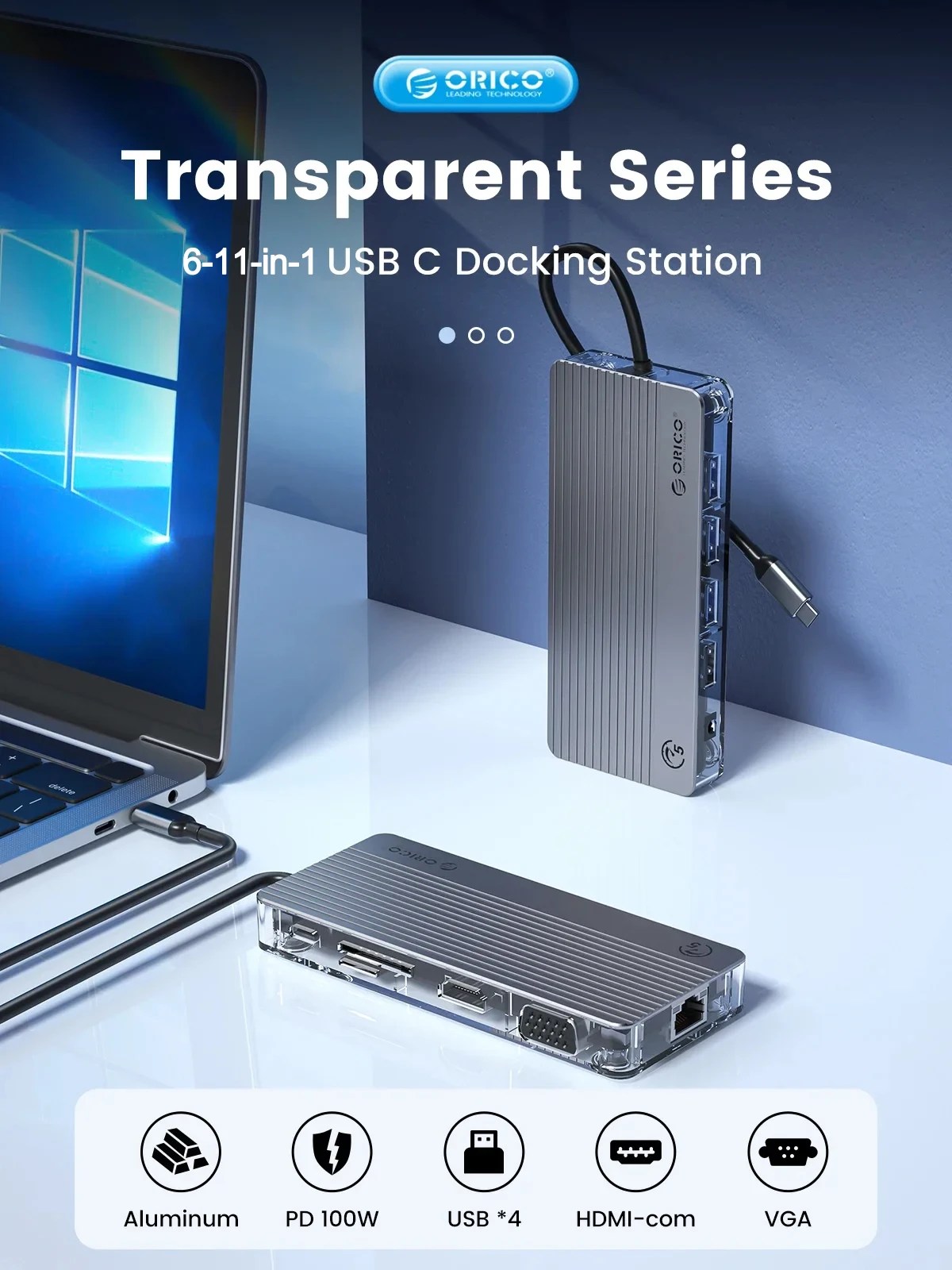 ORICO Stasiun Dok USB C Transparan Tipe C Ke HDMI-Kompatibel dengan 4K 30Hz RJ45 PD 100W Adaptor untuk Aksesori Macbook Hub Usb C