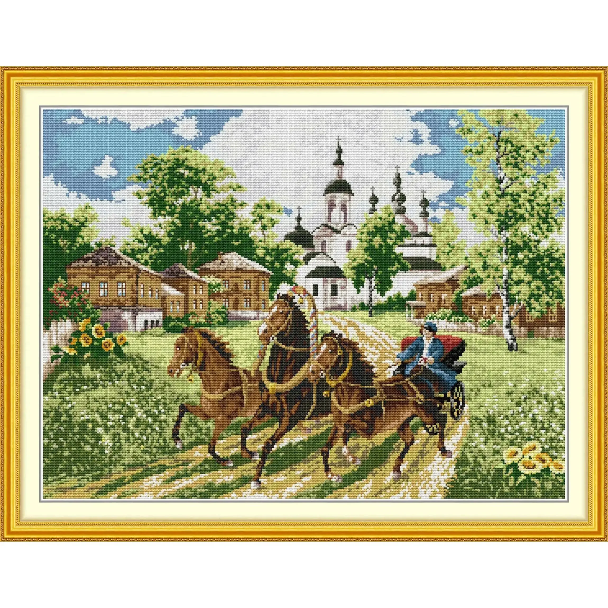 Joy Sunday Pre-printed Cross Stitch Kit  Easy Pattern Aida  Stamped Fabric Embroidery Set-Galloping Horse