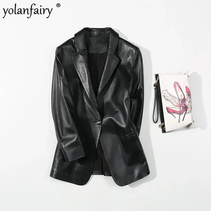 YOLANFAIRY سترة جلدية أصلية للنساء معطف من جلد الغنم الطبيعي للنساء ملابس جلدية قصيرة ضيقة للربيع Chaqueta Cuero FCY417