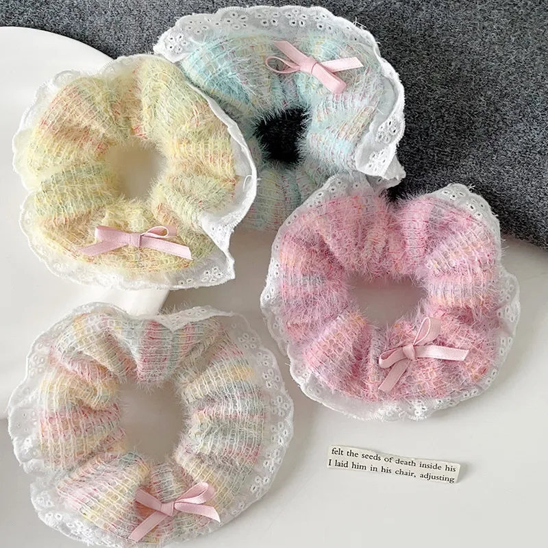 Bow Rainbow Lace Large Intestine Hair Rope Yarn Knitting Gentle Tie Hair Rope Hair Accessories Winter Color Headband for