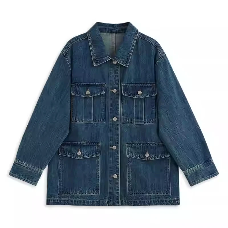 

European And American Retro Denim Jacket Women'S 2025 Autumn New Loose Multi Pocket Design Workwear Top