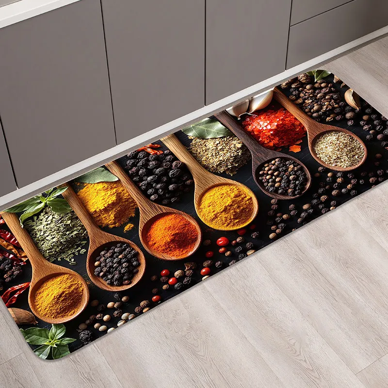 1 Stück Flanell-Küchenbodenmatte mit Zutatenmuster, Eingangstürmatte, saugfähige Schlafzimmer-Türmatte, Wohnzimmer-Bodenmatte, Handwäsche erforderlich