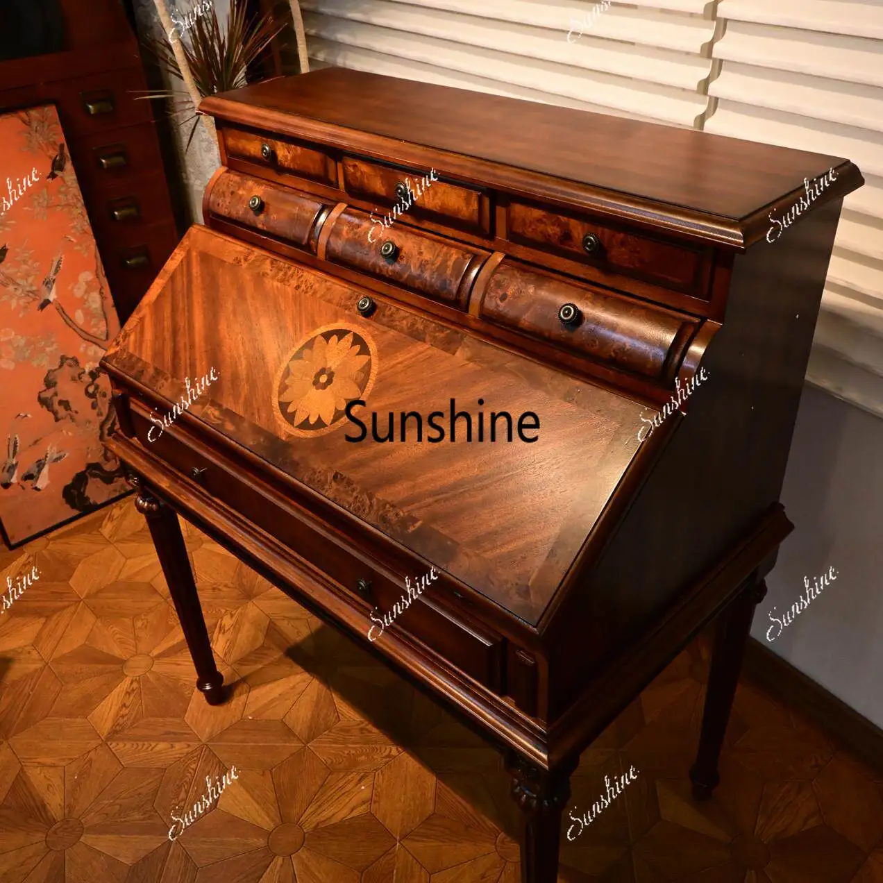 American solid wood bedroom dresser desk integrated retro flip secret desk