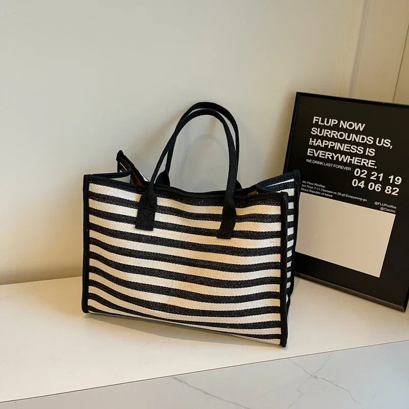 

Large Capacity Striped Canvas Bag for Women 2024 New Autumn Casual Versatile Shoulder Bag Student Class Tote Bag Пакет Тотта