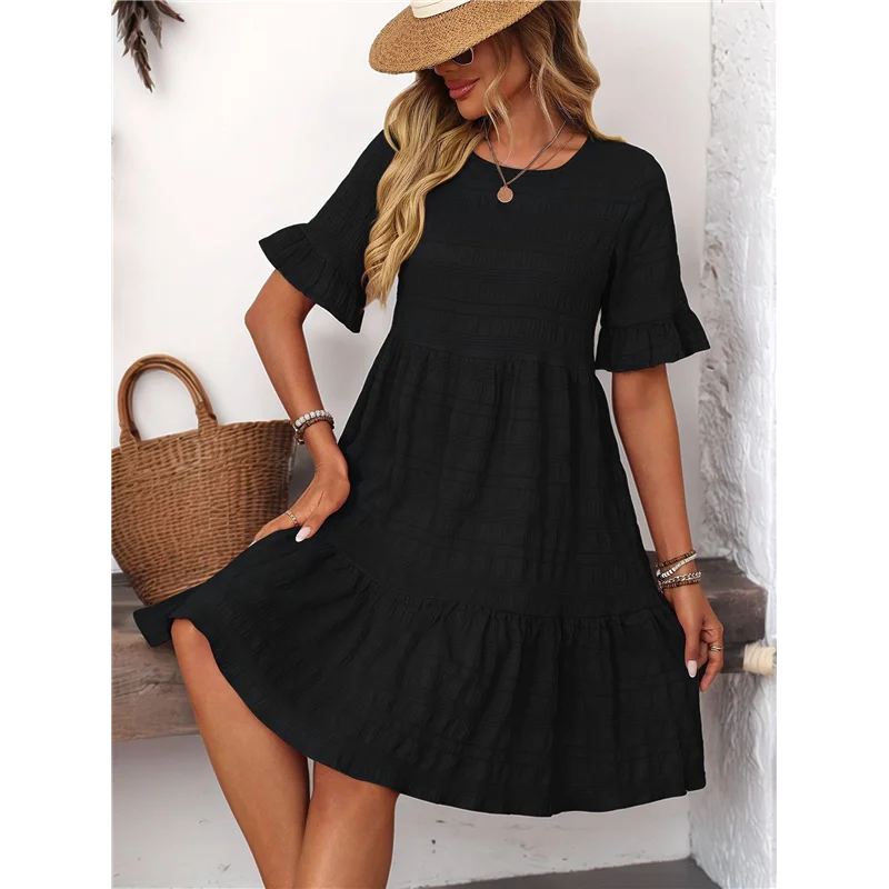 FX-Vestiti estivi da donna 2025 Manica a sbuffo Girocollo Vita alta Smocked A-Line Abito longuette fluido e ampio