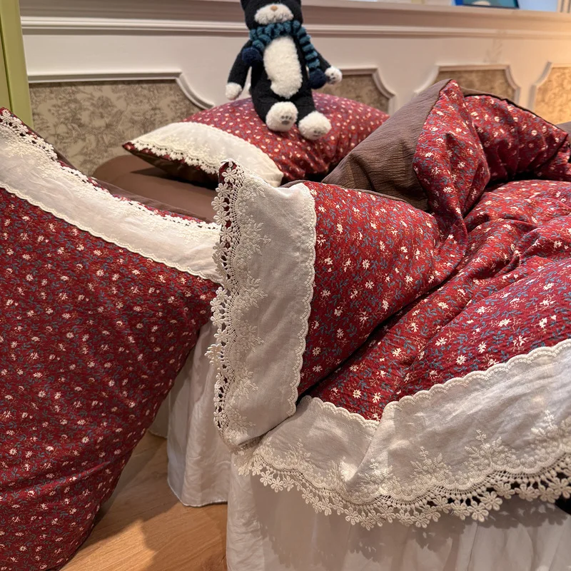 French Style Princess Bed Skirt Duvet Cover Set 100 Percent Cotton Floral Lace Embroidery Dormitory Home Textile Bedding
