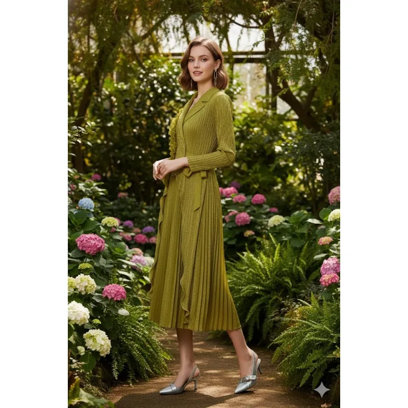 

Miyake плиссированные платья больших размеров 2026, весенняя новая мода, деревянная талия с краями уха, тонкая темпераментная женская элегантная длинная юбка