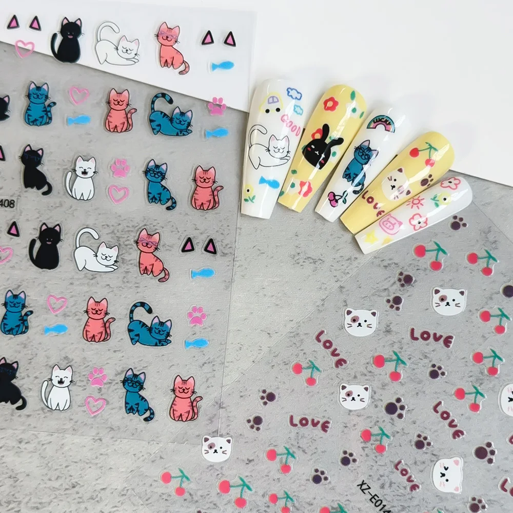 1Pc Cartoon Cat Rabbit Animal Nail Stickers 3D Cute Cherry Lemon Fruit Adhesive Decals Heart Butterfly Floral Manicure Sliders