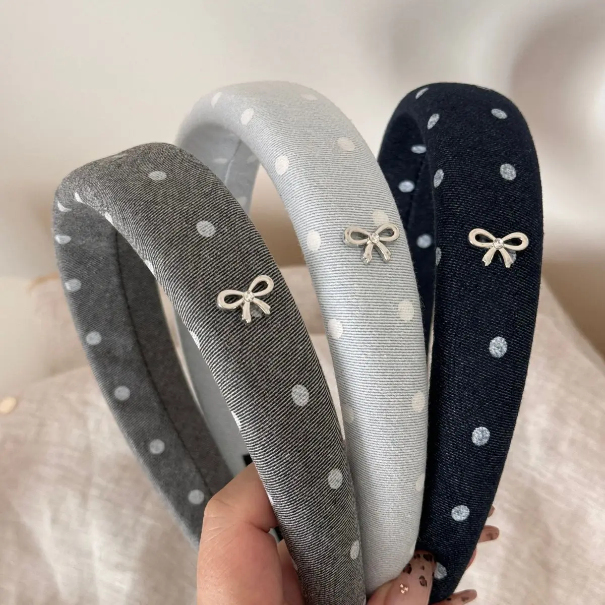 Silver Bow Lazy Polka Dot Wide Edge Sponge Headband Simple High Skull Top Headband Korean Temperament Outdoor Pressure Hair Clip