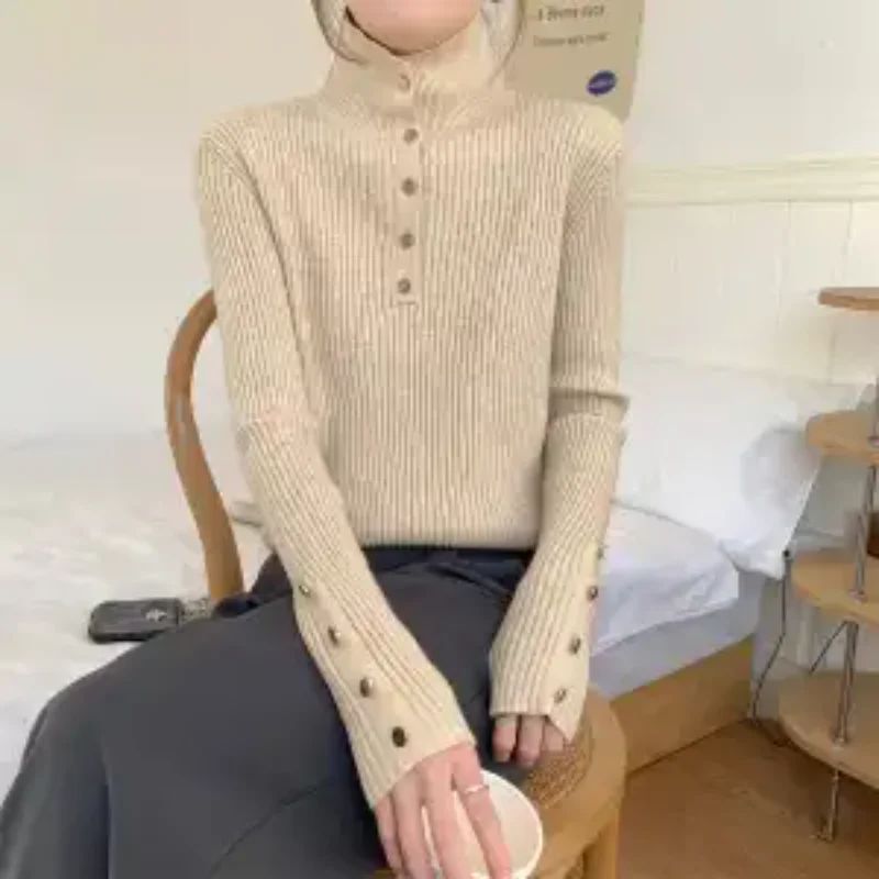 Herbst und Winter Slim Pit Gestreifter Rollkragenpullover Eleganter Button-Down-Strickpullover