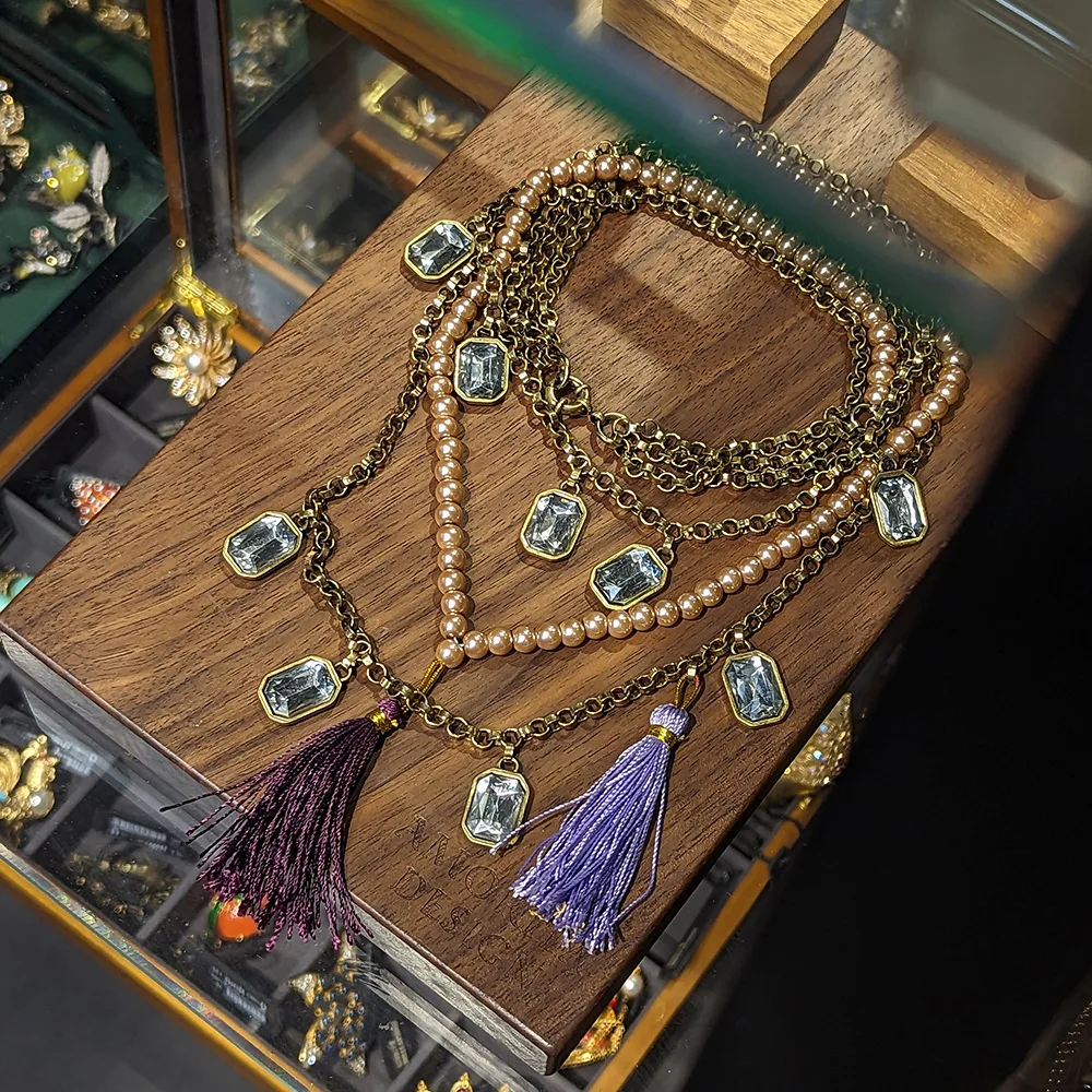 Europe America Vintage Pearl Tassel Zircon Multi Layered Necklace Woman Statement Party Bohemian Jewelry