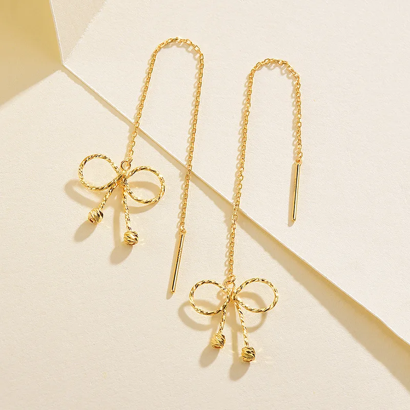 Gold 24K filigree bow tassel ear wire 999 temperament long earrings AU750 earrings for women high quality pure gold