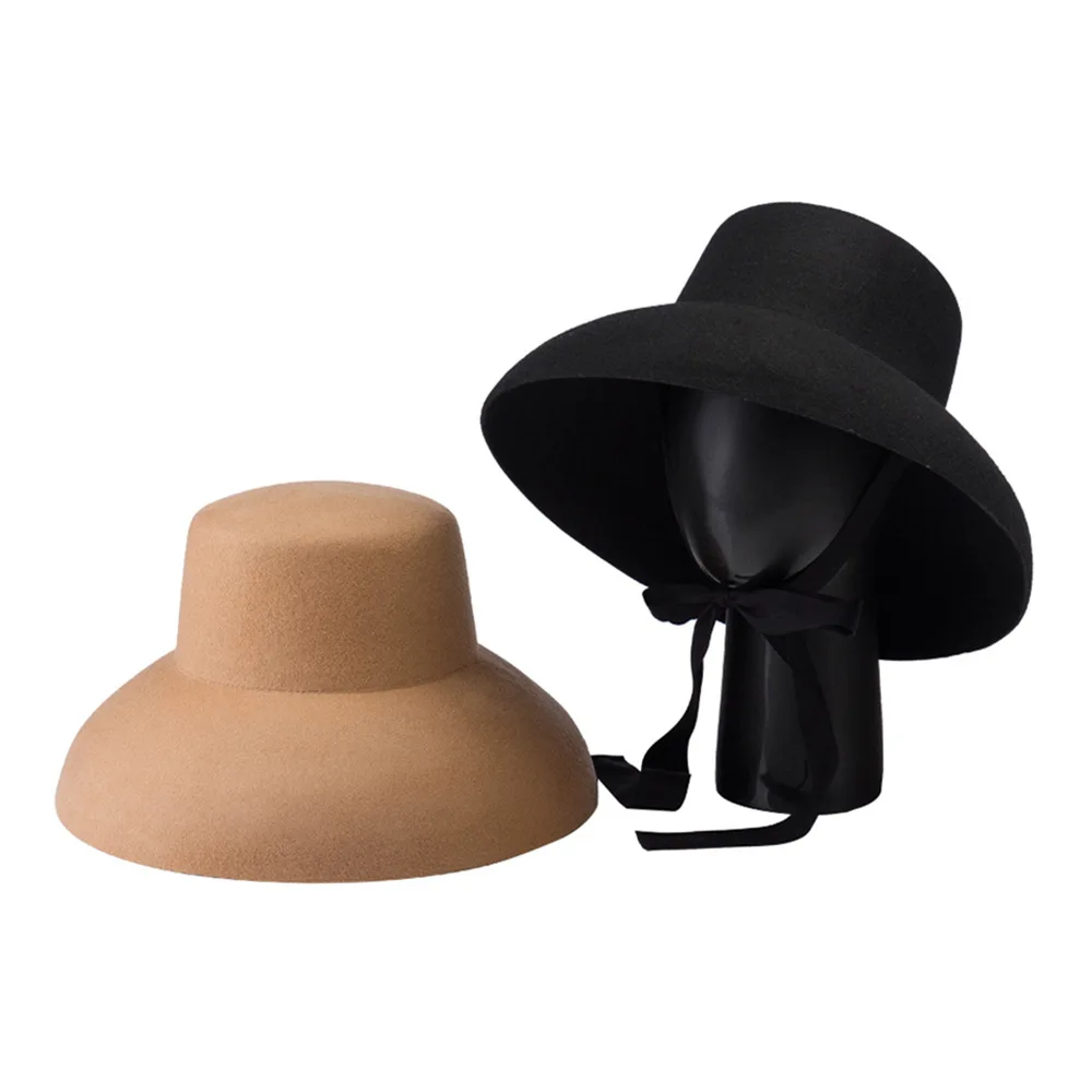 Vintage Elegant Flat Top Woolen Hat with Tie Ribbon, Folded Brim, Outdoor Shopping Stage Concave Shape Hat