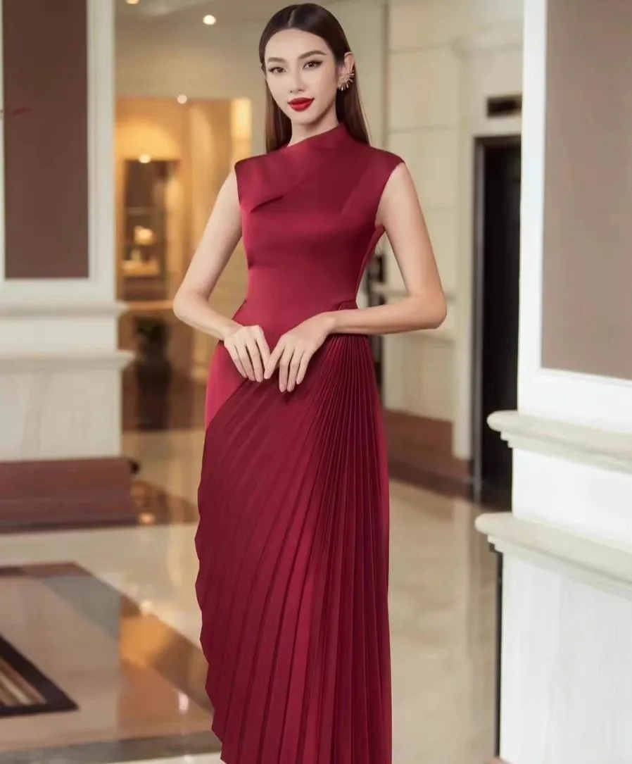 News Party Evening Spring Summer Women Casual Off The Shoulder Sleeveless O Neck Red Banquet Folds Wedding For Female Dresses