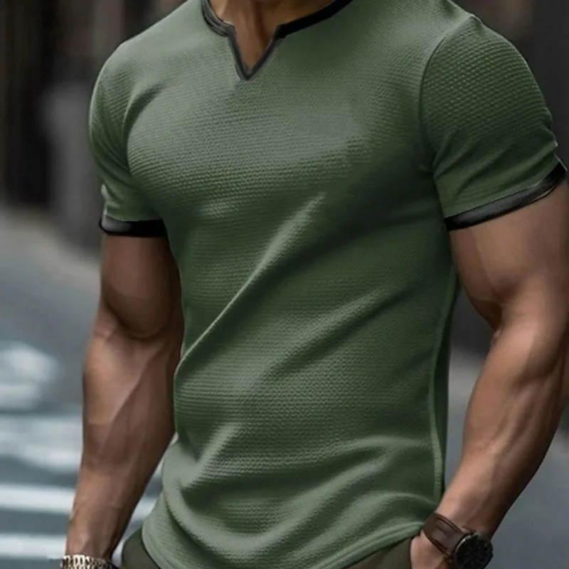 2024 Summer New V-neck Trendy Fashion American Street Solid Short Sleeve T-shirt Men\'s Casual Loose Sports Quick Drying Thin Top