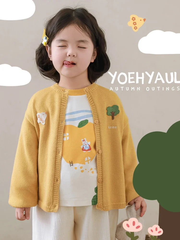 Girl's Cartoon Embroidered Cardigan 2024 Autumn Cute Loose Comfortable Warm Casual Coat