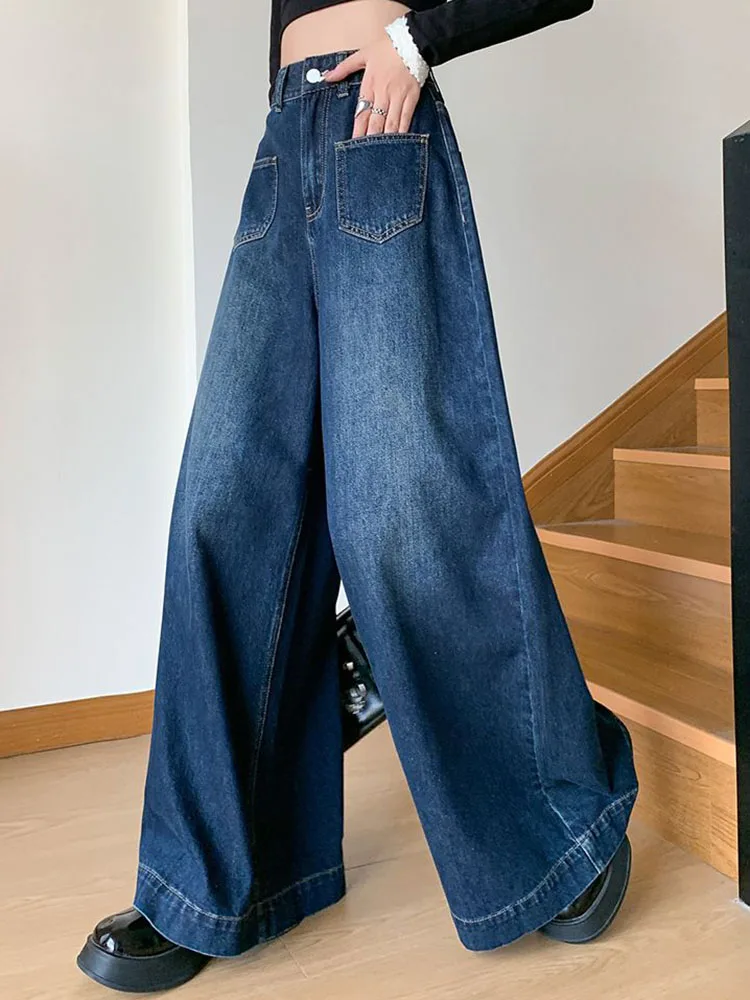 Szerokie jeansy damskie vintage z wysokim stanem, luźne spodnie dżinsowe oversize w stylu koreańskim, modne, proste, retro, vaqueros.