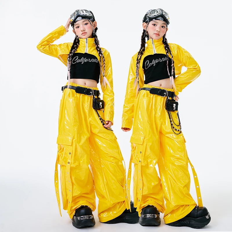 

Yellow Jazz Dance Costume Girl Kpop Performance Clothes Glossy Top Shuffle Pants Model Catwalk Show Stage Outfit Streetwear 2870