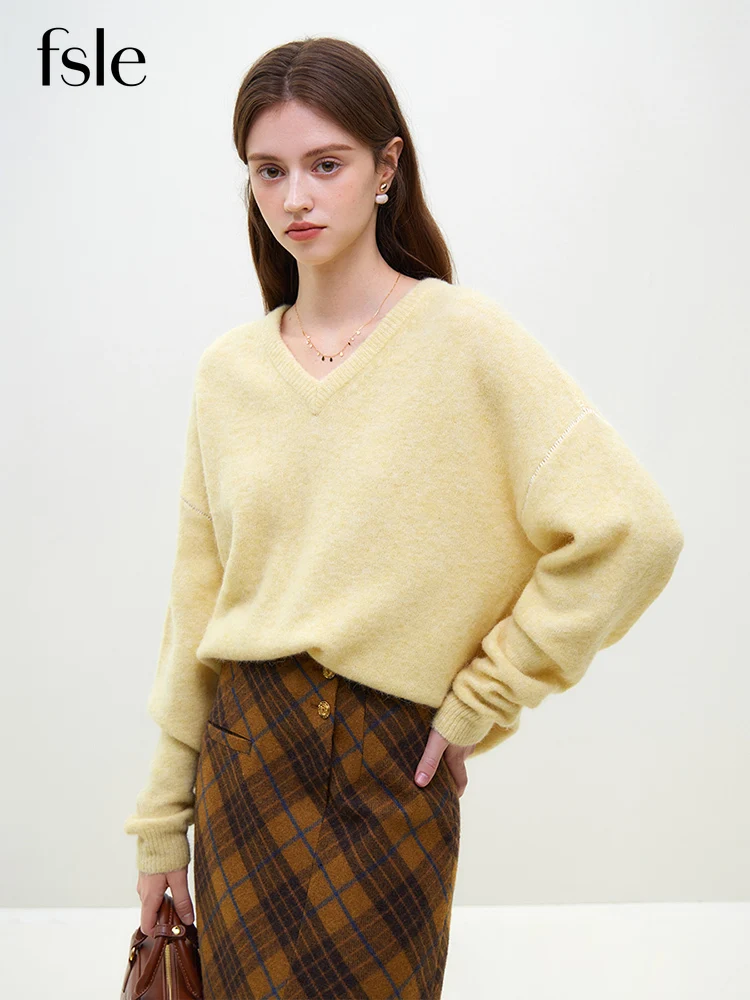 FSLE 27.8% Wool 30% Alpaca Women Simple Solid V-Neck Pullovers Drop Sleeve 2023 Winter Casual Yellow Female Short Sweaters