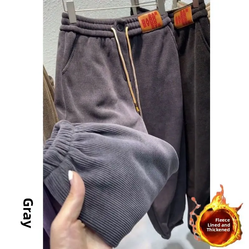Women's Fleece Lined Sport Pants High Waist Long Trousers Casual Harlan Style European Cotton Velvet Warmth Autumn Winter