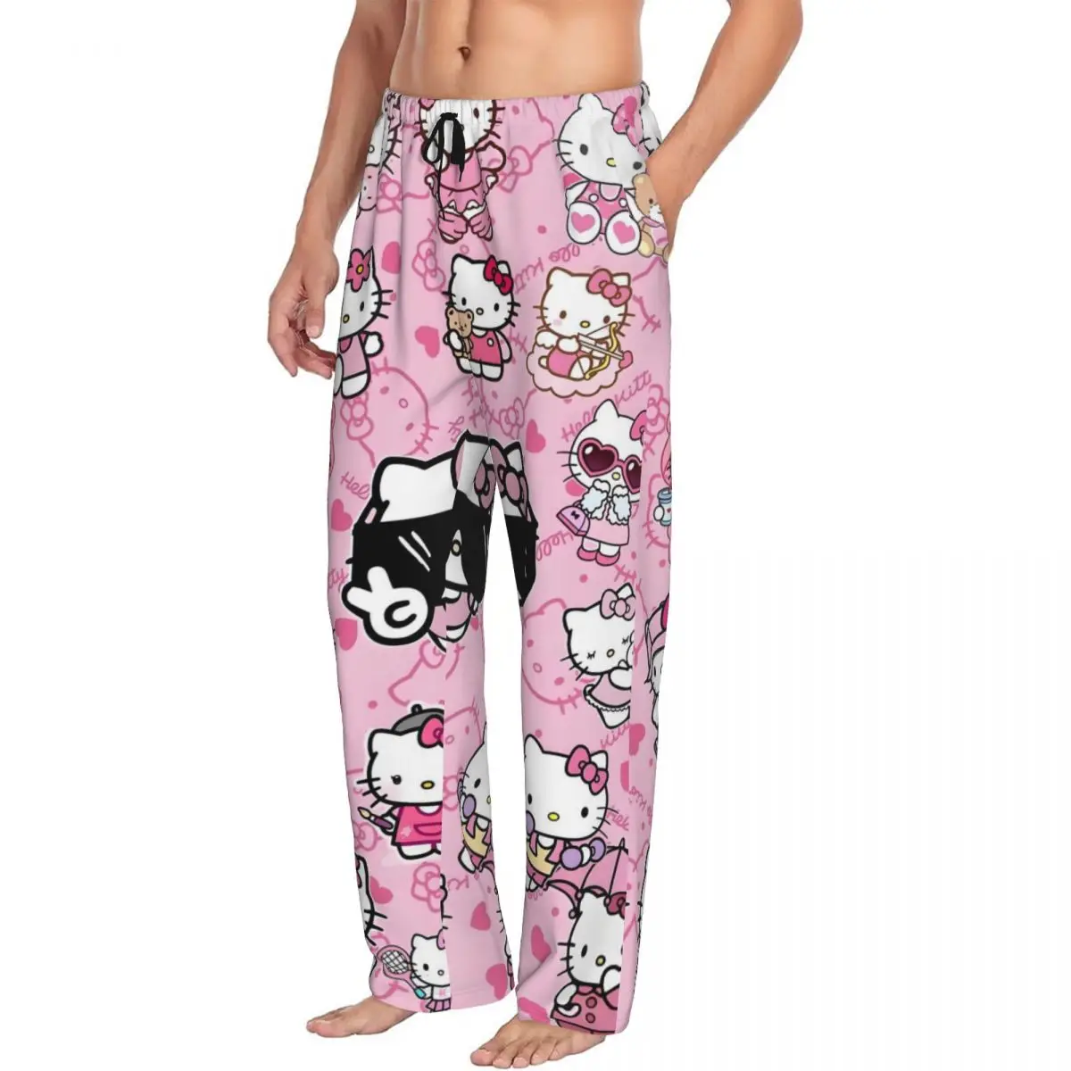Custom Printed Hello Kitty Pajama Pants Men's Cute Cat Sleep Sleepwear Bottoms with Pockets