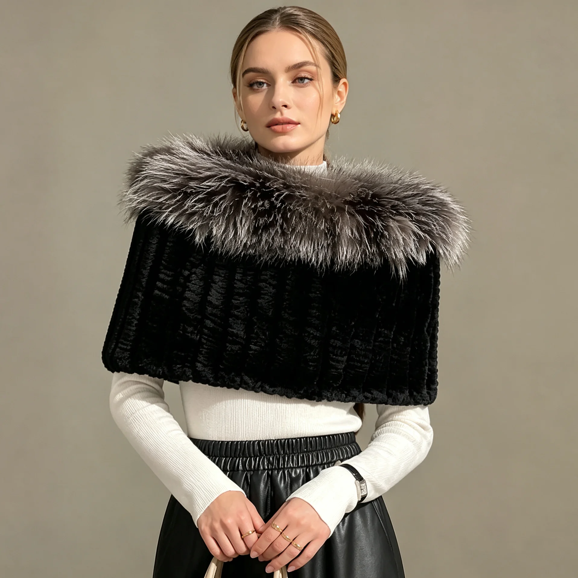 RU Women Faux Fur Collar Ribbed Texture Shoulder Shawl Warm Short Cape Elegant Wrap Accessory For Evening Party Outfits