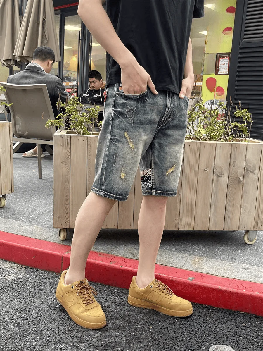 

Мужские джинсы-брюки в стиле ретро, американские, с вышивкой, прямые, облегающие, повседневные, эластичные, с пятиточечной вышивкой, в этническом стиле