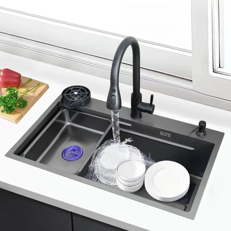Customized Large Capacity Single Bowl Kitchen Sink with Convenient Pull-Out Faucet Stainless Steel Cup Washer Front Installation