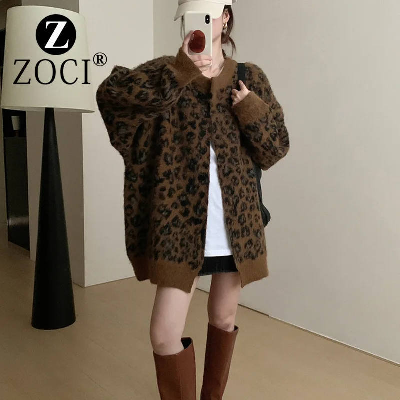 [ZOCI] 2024 Leopard Print Lazy Cardigan Sweater Jacket Women's Autumn Winter New Loose Slimming Knitted Plush Fashionable Top