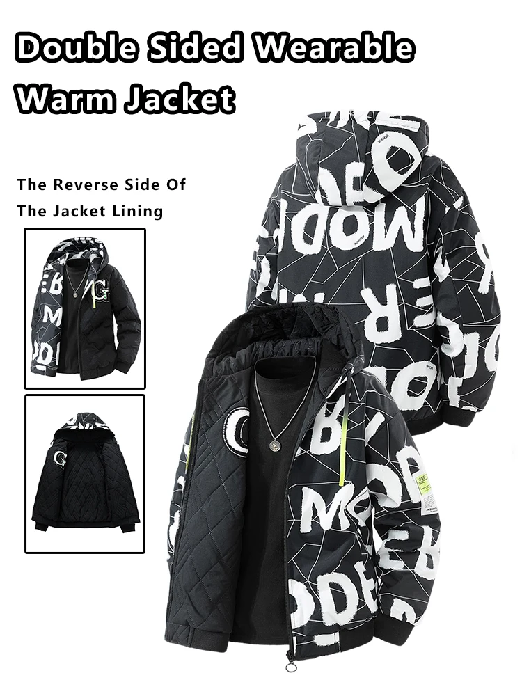 

Winter Fashion Trend Letter Printing Thickened Warm Hooded Jacket Thick Men's Reversible Jackets Windproof Double Sided Coat