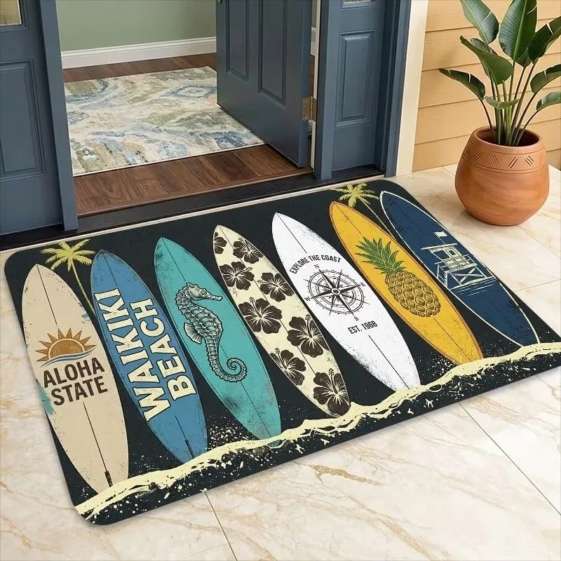 Image of Retro-Surfbrett-Willkommensmatte, niedlicher Seepferdchen-Ananas-Dekorations-Bodenteppich, Küstenkompass-Eingangsmatte für die Haustür
